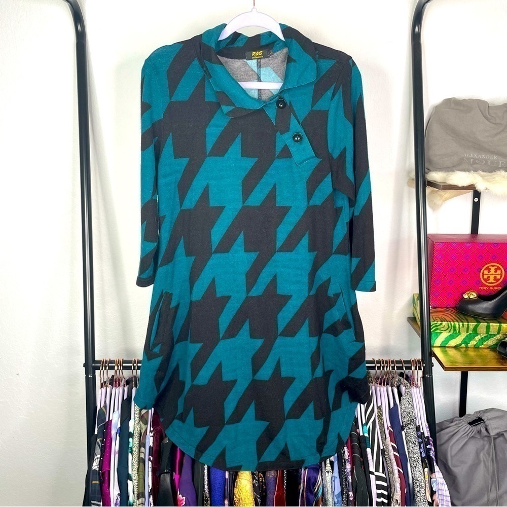 R&b Collection Teal & Black Houndstooth Print Tunic Maternity Top